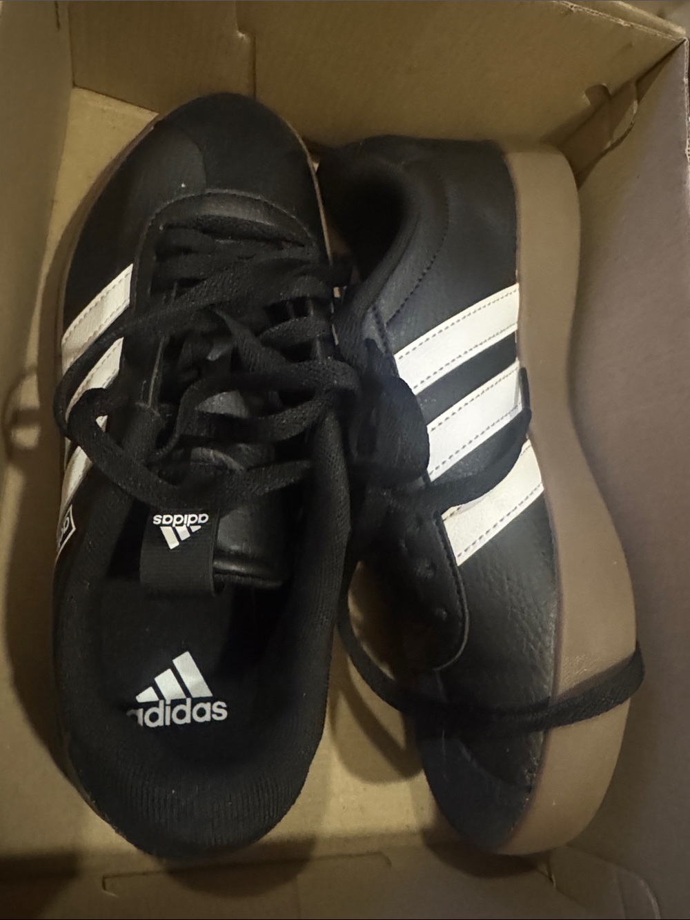 adidas Men’s Black Sneakers with White Stripes and Brown Sole